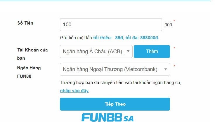 Nạp tiền vào tài khoản Fun88 bằng tài khoản ngân hàng